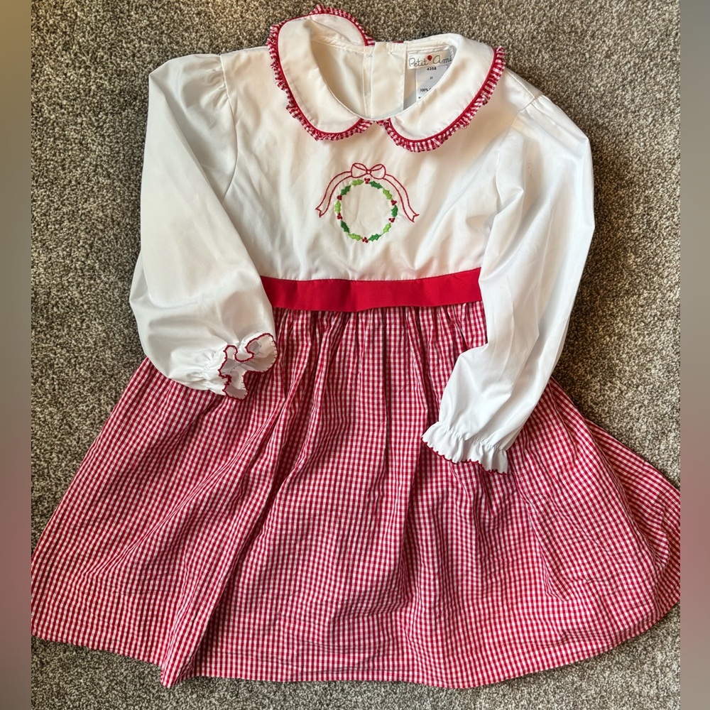 Petit Ami Red and White Dress with Embroidered Wreath